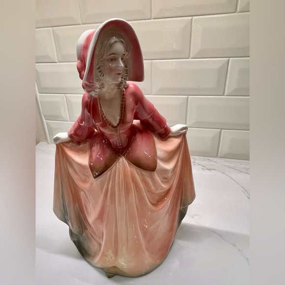 Hertwig & Co. Elegant Red & Pink Porcelain Lady Figurine Dress & Bonnet Germany - Picture 2 of 6